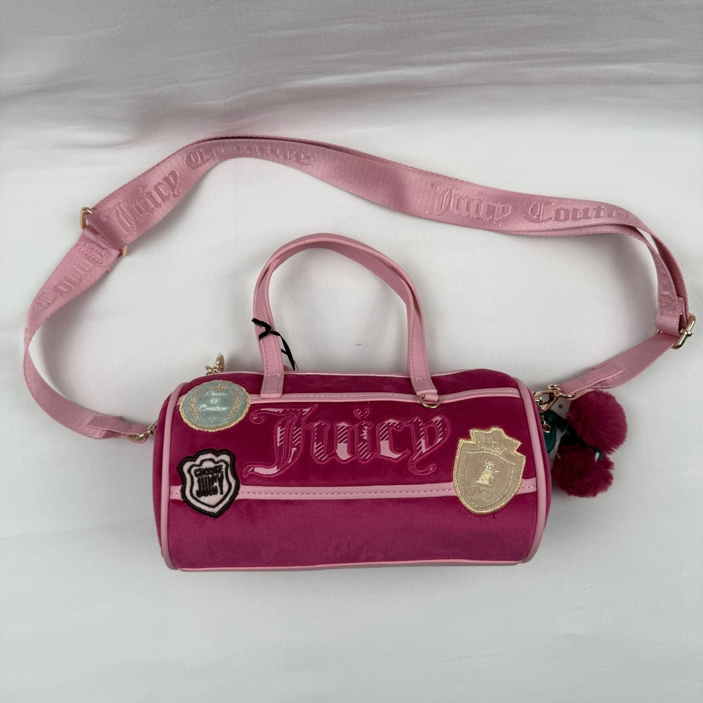 Juicy Couture Study In Style Barrel Bag Raspberry Tart Velour Crossbody Pink NEW